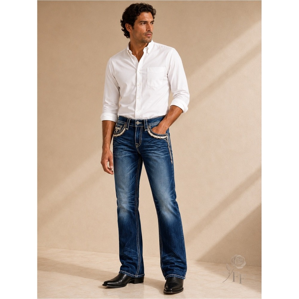Rock Revival Delicioso Boot Cut Jeans 27x30 Fleur De Lis Embroider Stretch Denim - Picture 2 of 15